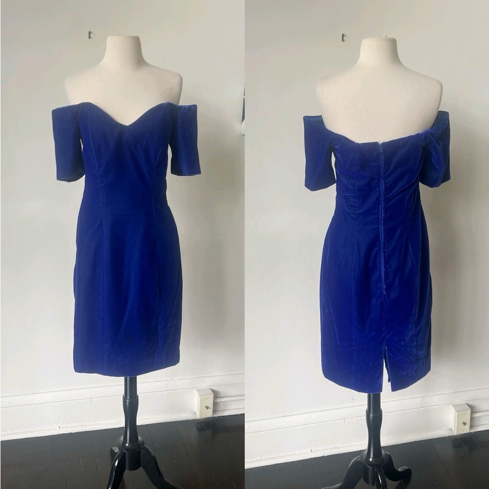 Vintage Off the Shoulder Blue Velvet Mini Dress 1990’s Velvet Dress
